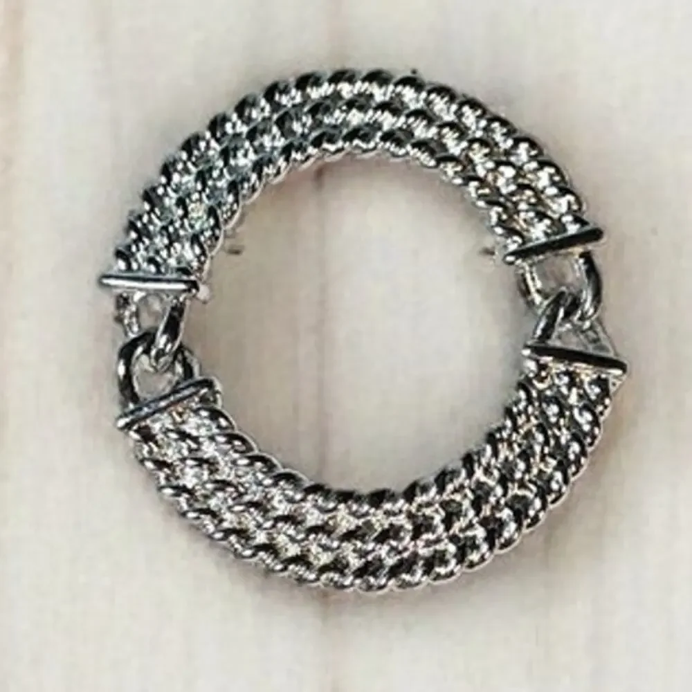 Woven Circle Brooch Vintage Silver Tone Textured Round Statement Pin